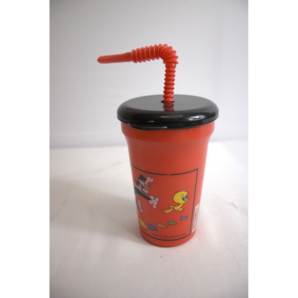 Looney Tunes Tweety Sylvester Plastic Tumbler Cup 1994 Red Black Straw - Picture 2 of 3